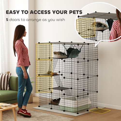 PawHut DIY Large Cat Cage Indoor, Catio Pet Playpen with Platforms, Ramps, Kitten Exercise Place for 1-3 Cats, Bunny and Chinchillas, 41 x 28 x 55in,