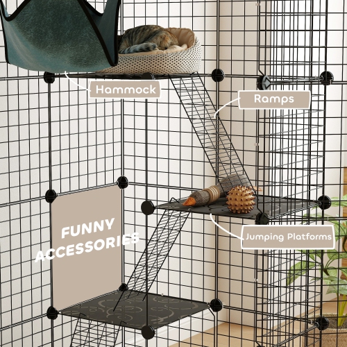 PawHut DIY Large Cat Cage Indoor, Catio Pet Playpen with Platforms, Ramps, Kitten Exercise Place for 1-3 Cats, Bunny and Chinchillas, 41 x 28 x 55in,