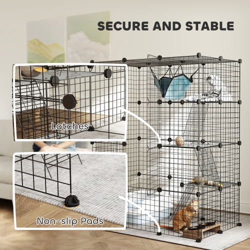 PawHut DIY Large Cat Cage Indoor, Catio Pet Playpen with Platforms, Ramps, Kitten Exercise Place for 1-3 Cats, Bunny and Chinchillas, 41 x 28 x 55in,