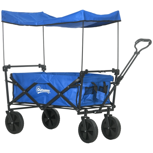 Outsunny Outdoor Collapsible Wagon with Removable Canopy, Folding Garden Cart, Heavy Duty Pull Along Camping Cart with Telescopic Handle and Carry Ba