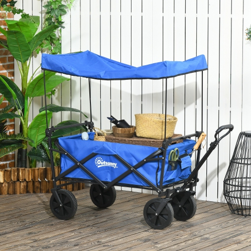Outsunny Outdoor Collapsible Wagon with Removable Canopy, Folding Garden Cart, Heavy Duty Pull Along Camping Cart with Telescopic Handle and Carry