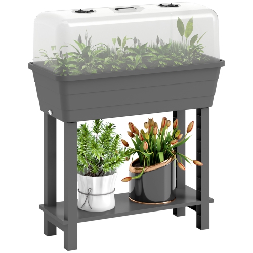 Outsunny 41L Self Watering Raised Garden Bed with Ventilation Transparent Lid Greenhouse, Storage Shelf, Planter Box with Water Level Indicator, 29.5