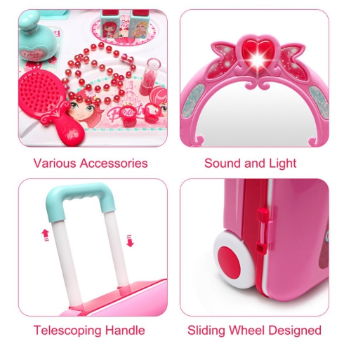Pretend Play Makeup Toy Set Beauty Princess Dressing Table and Suitcase 2 in 1 Gift for Girls Kids Children,Pink