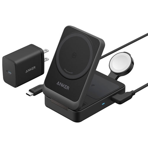 Anker Qi2 MagGo 3-in-1 15W Wireless Charging Station with MagSafe - Black - Refurbished(Excellent)