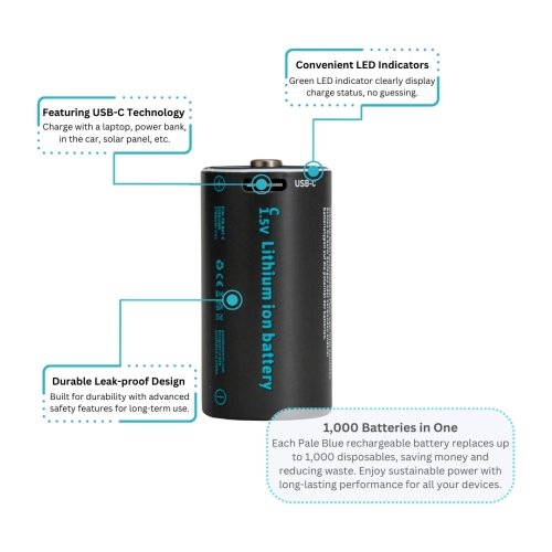 Batteries C rechargeables avec chargeur USB bleu pâle, 2800&nbsp;mAh au lithium-ion 1,5&nbsp;V, recharge rapide en moins de 2 heures, indicateur de