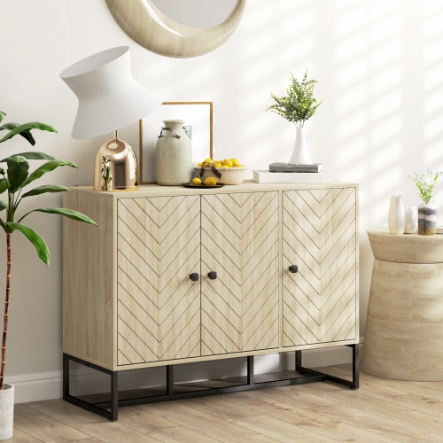 HOMCOM Modern Sideboard, Buffet Cabinet with 3 Chevron Doors and 2 Adjustable Shelves, Kitchen Storage Cabinet with Steel Base, Coffee Bar Cabinet,