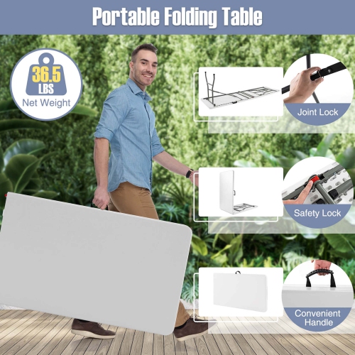 Costway 8 ft Portable Folding Table with HDPE Tabletop Safe Lock Mechanism Carrying Handle