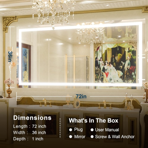 72 x 36 Inch LED Bathroom Mirror with Lights, Anti-Fog Dimmable Lighted Wall Mounted Vanity Mirror Master Modern Makeup