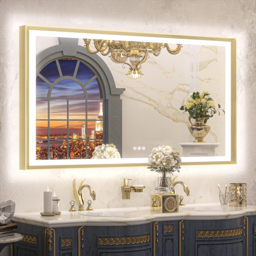 60 x 36 LED Bathroom Mirror with Lights Gold Metal Framed Front & Back Light Vanity Mirror Baroque Antifog Stepless Dimmable White/Warm/Natural, Wall