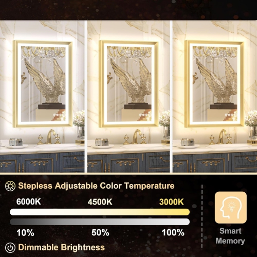 40 x 24 LED Bathroom Mirror with Lights Gold Metal Framed Front & Back Light Vanity Mirror Baroque Antifog Stepless Dimmable White/Warm/Natural, Wall