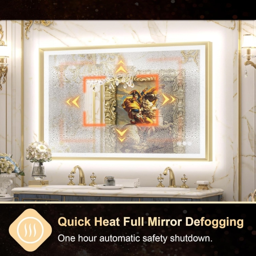 40 x 24 LED Bathroom Mirror with Lights Gold Metal Framed Front & Back Light Vanity Mirror Baroque Antifog Stepless Dimmable White/Warm/Natural, Wall