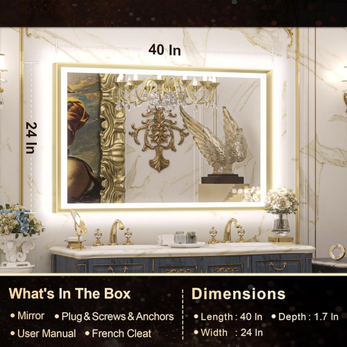 40 x 24 LED Bathroom Mirror with Lights Gold Metal Framed Front & Back Light Vanity Mirror Baroque Antifog Stepless Dimmable White/Warm/Natural, Wall