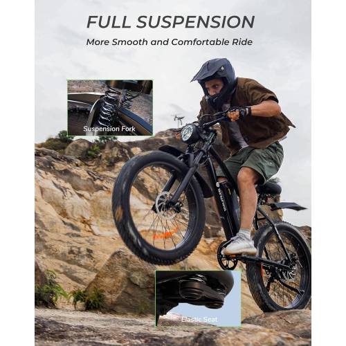 isinwheel M10Plus 900W Peak Motor/120KM Range/32KM/H Top Speed 26"*4.0/1.95 Fat Tire, Commuting Electric Mountain Bicycle & 13/10.4Ah Removable