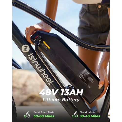 isinwheel M10Plus 900W Peak Motor/120KM Range/32KM/H Top Speed 26"*4.0/1.95 Fat Tire, Commuting Electric Mountain Bicycle & 13/10.4Ah Removable