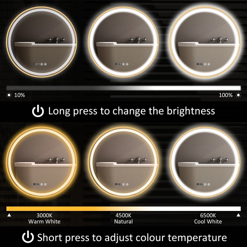 HOMCOM 24" Round LED Bathroom Mirror with Frontlit and Backlit 3 Colour and Dimmable Vanity Mirror Wall Mounted Makeup Mirror with Anti-Fog Touch