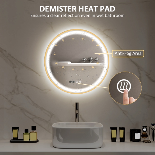 HOMCOM 24" Round LED Bathroom Mirror with Frontlit and Backlit 3 Colour and Dimmable Vanity Mirror Wall Mounted Makeup Mirror with Anti-Fog Touch