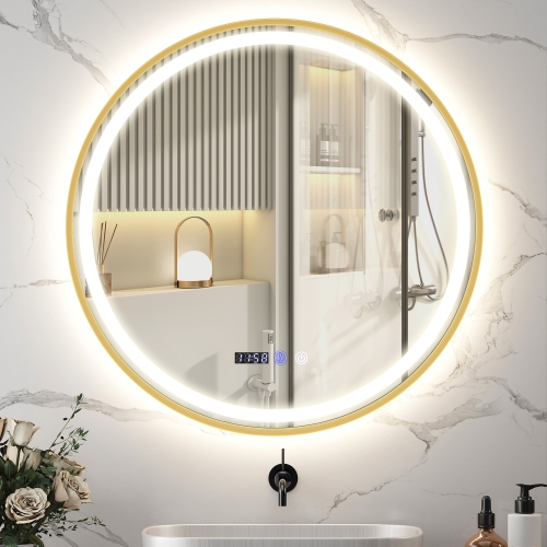 HOMCOM 28" Round LED Bathroom Mirror with Frontlit and Backlit 3 Colour and Dimmable Vanity Mirror Wall Mounted Makeup Mirror with Anti-Fog Touch