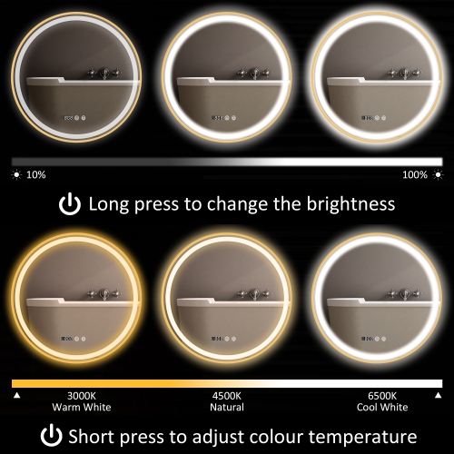 HOMCOM 28" Round LED Bathroom Mirror with Frontlit and Backlit 3 Colour and Dimmable Vanity Mirror Wall Mounted Makeup Mirror with Anti-Fog Touch