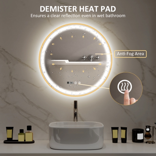 HOMCOM 28" Round LED Bathroom Mirror with Frontlit and Backlit 3 Colour and Dimmable Vanity Mirror Wall Mounted Makeup Mirror with Anti-Fog Touch