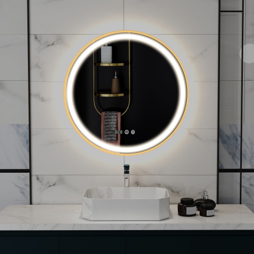 HOMCOM 28" Round LED Bathroom Mirror with Frontlit and Backlit 3 Colour and Dimmable Vanity Mirror Wall Mounted Makeup Mirror with Anti-Fog Touch