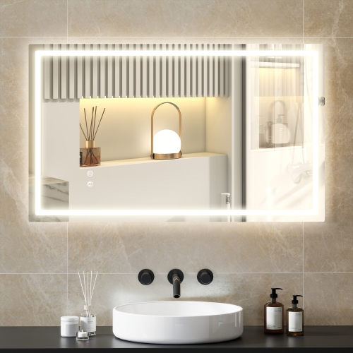 HOMCOM 39" x 24" LED Bathroom Mirror with Frontlit and Backlit, 3 Colour and Dimmable Frameless Vanity Mirror, Wall Mounted Makeup Mirror with