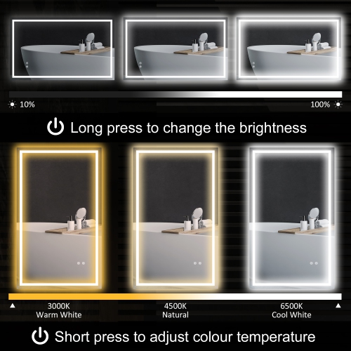 HOMCOM 39" x 24" LED Bathroom Mirror with Frontlit and Backlit, 3 Colour and Dimmable Frameless Vanity Mirror, Wall Mounted Makeup Mirror with