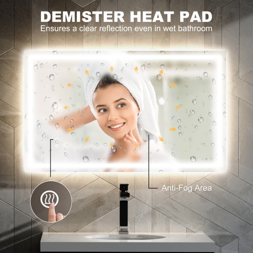 HOMCOM 39" x 24" LED Bathroom Mirror with Frontlit and Backlit, 3 Colour and Dimmable Frameless Vanity Mirror, Wall Mounted Makeup Mirror with