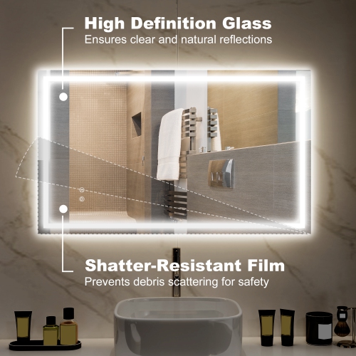 HOMCOM 39" x 24" LED Bathroom Mirror with Frontlit and Backlit, 3 Colour and Dimmable Frameless Vanity Mirror, Wall Mounted Makeup Mirror with