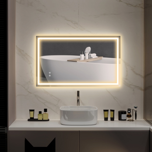 HOMCOM 39" x 24" LED Bathroom Mirror with Frontlit and Backlit, 3 Colour and Dimmable Frameless Vanity Mirror, Wall Mounted Makeup Mirror with