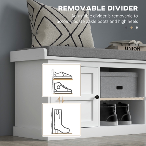 Banc à chaussures de HOMCOM, banc d'entrée avec siège rembourré, 2 armoires et tablette réglable pour couloir, salon, chambre à coucher, blanc