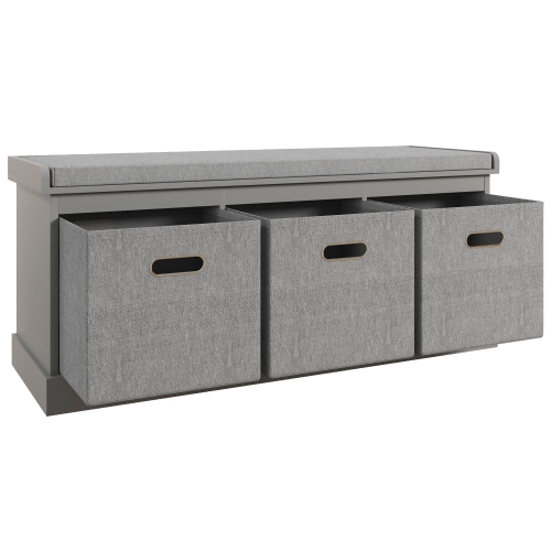 HOMCOM Shoe Bench with Seat Cushion, Entryway Bench with 3 Foldable Fabric Drawers for Hallway, Living Room, Grey