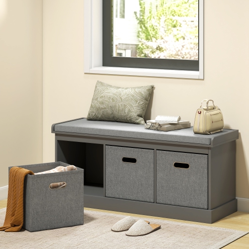 HOMCOM Shoe Bench with Seat Cushion, Entryway Bench with 3 Foldable Fabric Drawers for Hallway, Living Room, Grey