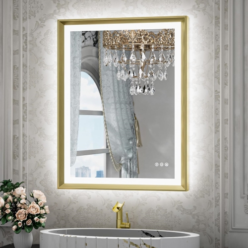 NIERBO  24 X 32 Led Bathroom Mirror \w Lights Metal Framed Front & Back Light Vanity Mirror Baroque Antifog Stepless Dimmable White/warm/natural