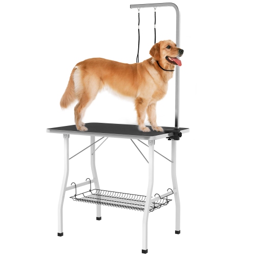 PawHut Dog Grooming Table with Adjustable Arm, Foldable Pet Grooming Table with Mesh Tray, Two Nooses, Rubber Surface, 35" x 24" x 30", Black