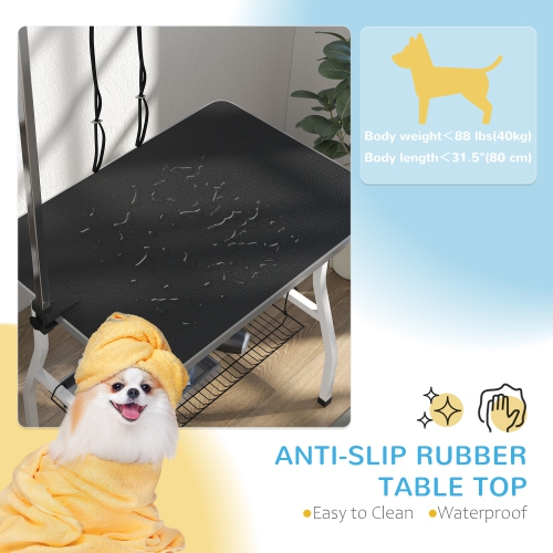 PawHut 35in Dog Grooming Table with Adjustable Arm, Foldable Pet Grooming Table with Mesh Tray, Two Nooses, Rubber Surface, 35" x 24" x 61", Black