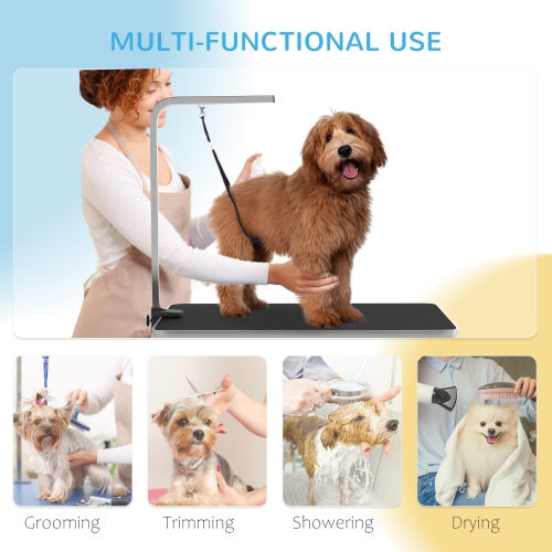 PawHut 35in Dog Grooming Table with Adjustable Arm, Foldable Pet Grooming Table with Mesh Tray, Two Nooses, Rubber Surface, 35" x 24" x 61", Black