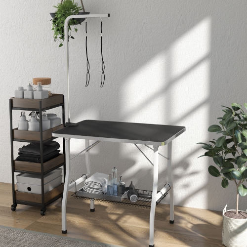 PawHut 35in Dog Grooming Table with Adjustable Arm, Foldable Pet Grooming Table with Mesh Tray, Two Nooses, Rubber Surface, 35" x 24" x 61", Black