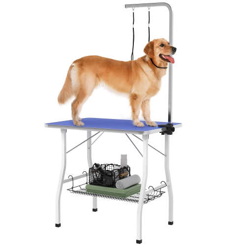 PawHut Dog Grooming Table with Adjustable Arm, Foldable Pet Grooming Table with Mesh Tray, Two Nooses, Rubber Surface, 35" x 24" x 30", Blue