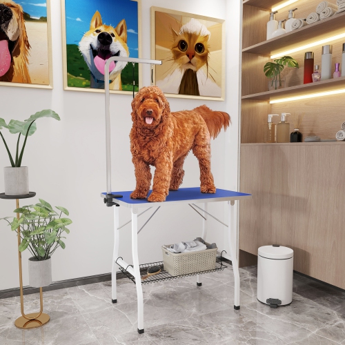 PawHut 35in Dog Grooming Table with Adjustable Arm, Foldable Pet Grooming Table with Mesh Tray, Two Nooses, Rubber Surface, 35" x 24" x 61", Blue