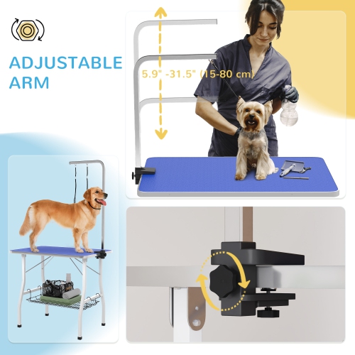 PawHut 35in Dog Grooming Table with Adjustable Arm, Foldable Pet Grooming Table with Mesh Tray, Two Nooses, Rubber Surface, 35" x 24" x 61", Blue