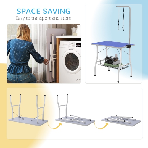 PawHut 35in Dog Grooming Table with Adjustable Arm, Foldable Pet Grooming Table with Mesh Tray, Two Nooses, Rubber Surface, 35" x 24" x 61", Blue