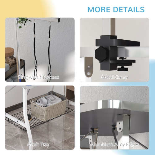 PawHut 35in Dog Grooming Table with Adjustable Arm, Foldable Pet Grooming Table with Mesh Tray, Two Nooses, Rubber Surface, 35" x 24" x 61", Blue