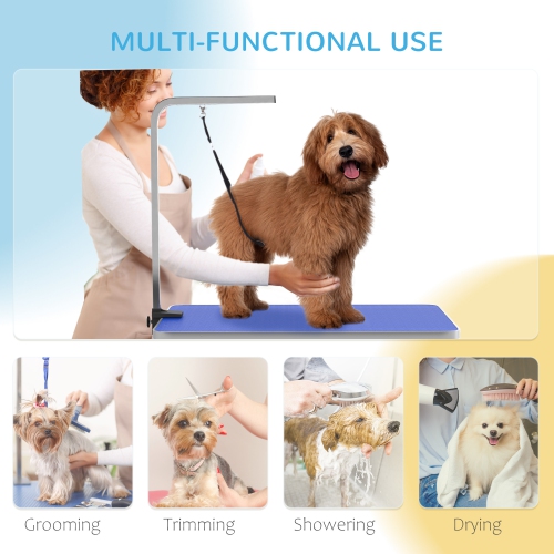 PawHut 35in Dog Grooming Table with Adjustable Arm, Foldable Pet Grooming Table with Mesh Tray, Two Nooses, Rubber Surface, 35" x 24" x 61", Blue