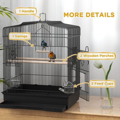 PawHut 23" Bird Cage for Finches, Canaries Budgies, Parrot Cage with Accessories Handle, Black