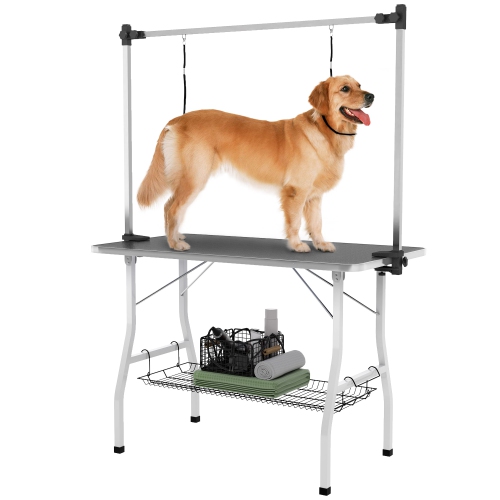 PawHut Foldable Dog Grooming Table, Pet Grooming Table with Adjustable Grooming Arms, Storage Shelf, Two Nooses, 42" x 24" x 30", Black