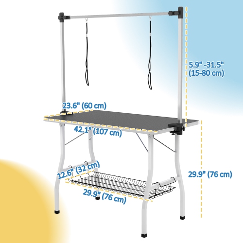 PawHut 42in Foldable Dog Grooming Table, Pet Grooming Table with Adjustable Grooming Arms, Storage Shelf, Two Nooses, 42" x 24" x 61", Black