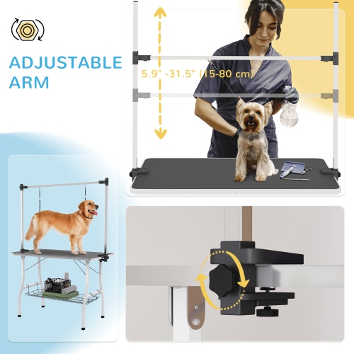 PawHut 42in Foldable Dog Grooming Table, Pet Grooming Table with Adjustable Grooming Arms, Storage Shelf, Two Nooses, 42" x 24" x 61", Black