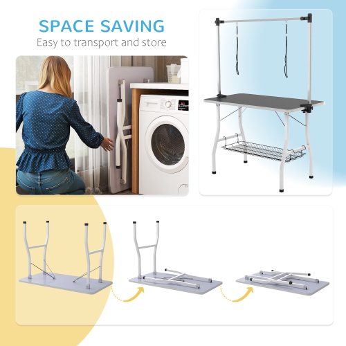 PawHut 42in Foldable Dog Grooming Table, Pet Grooming Table with Adjustable Grooming Arms, Storage Shelf, Two Nooses, 42" x 24" x 61", Black