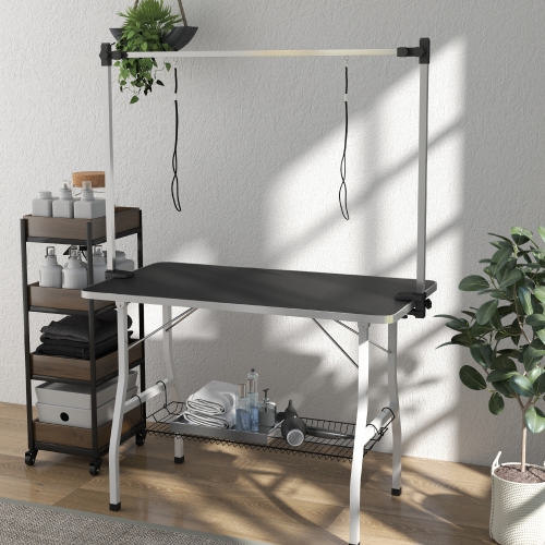 PawHut 42in Foldable Dog Grooming Table, Pet Grooming Table with Adjustable Grooming Arms, Storage Shelf, Two Nooses, 42" x 24" x 61", Black