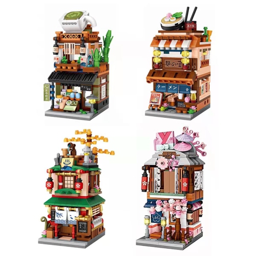 ELAICREE  Japanese Street View Shop Building Blocks House Toy, 4 Models Mini Diy Building Blocks Model Moc Construction Toy